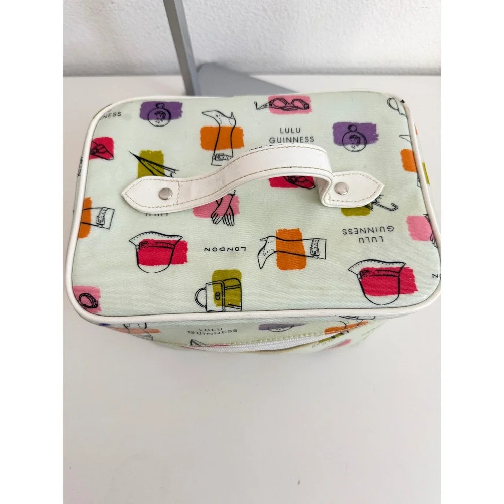 Lulu Guinness London Vanity Case Novelty Fashion Print Makeup Bag Green PVC